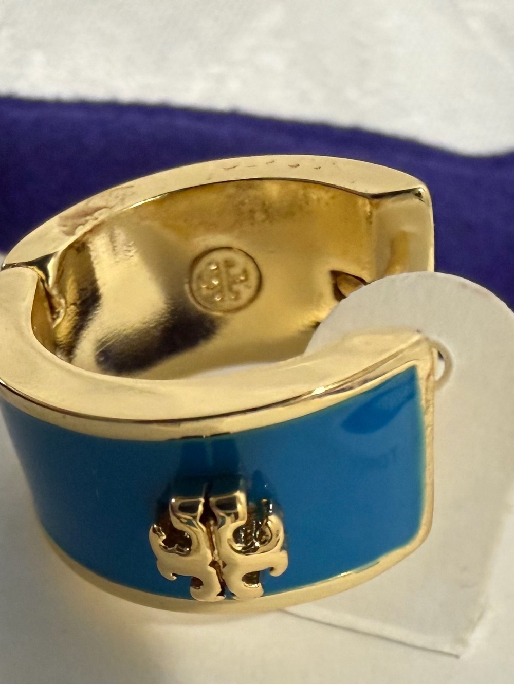 Tory Burch Gold-Tone and Teal Enamel Hoop Huggie Earrings New - Picture 2 of 6